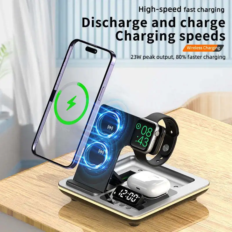 Folding 5 in 1 Wireless Charger,15W Fast Wireless Charging Station with Alarm Clock,Sleep-Friendly Adaptive Light