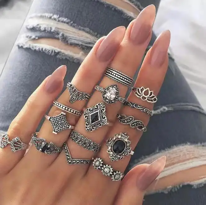 15 Pcs Silver Plated Frog Rings Set, Antique lotus tiara hand diamond drop Rings for Couples, Gift for Women Men Girls