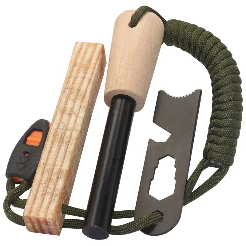 EDC Outdoor Gifts Custom Wood Handle Ferro Rod Fatwood Fire Starter for Camping Fire Kit