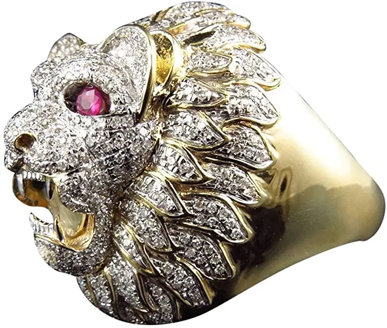 Men Fashion Punk Style Lion Head Gold Filled Natural Ruby Gemstone Diamond Ring Hip Hop Jewelry
