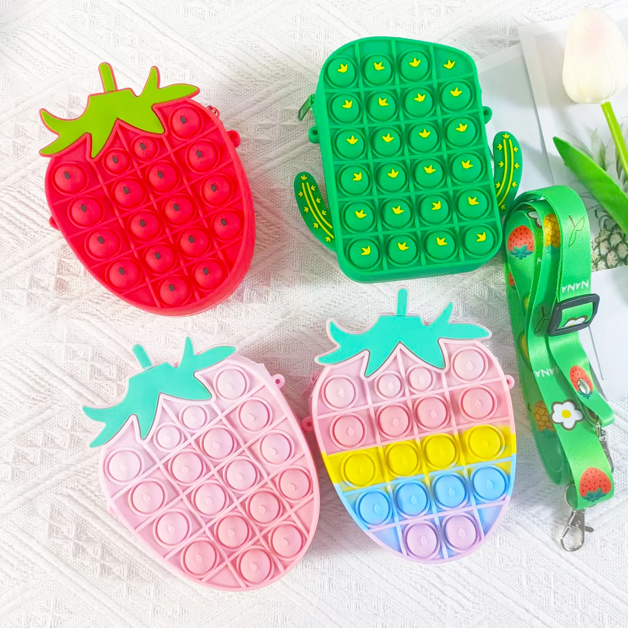 Strawberry  Cactus Silicone Coin Pouch Bag Pop Push bubble fidget Toys Pouch Purse Soft bag