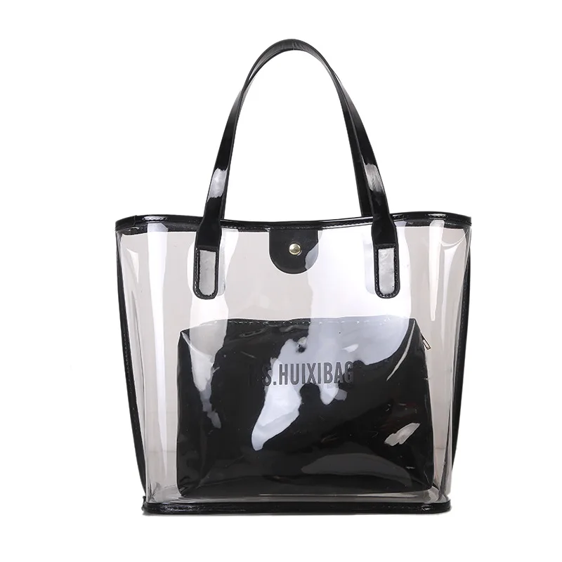 2Pcs in 1 Set Elegant Custom Ladies Shoulder Tote Bag Transparent Beach Holographic PVC Women Jelly Handbag With Small Purse