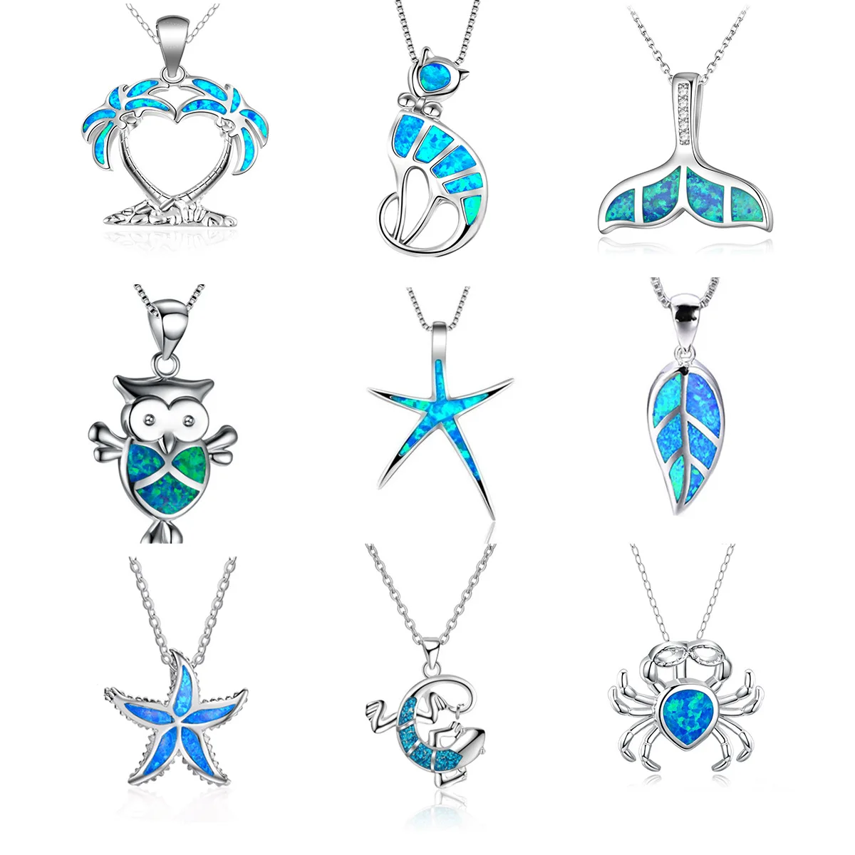 2024 Trendy Summer Beach Ocean Opal Women Necklace Coconut Tree Dolphin Turtle Starfish Blue Opal Star Necklace