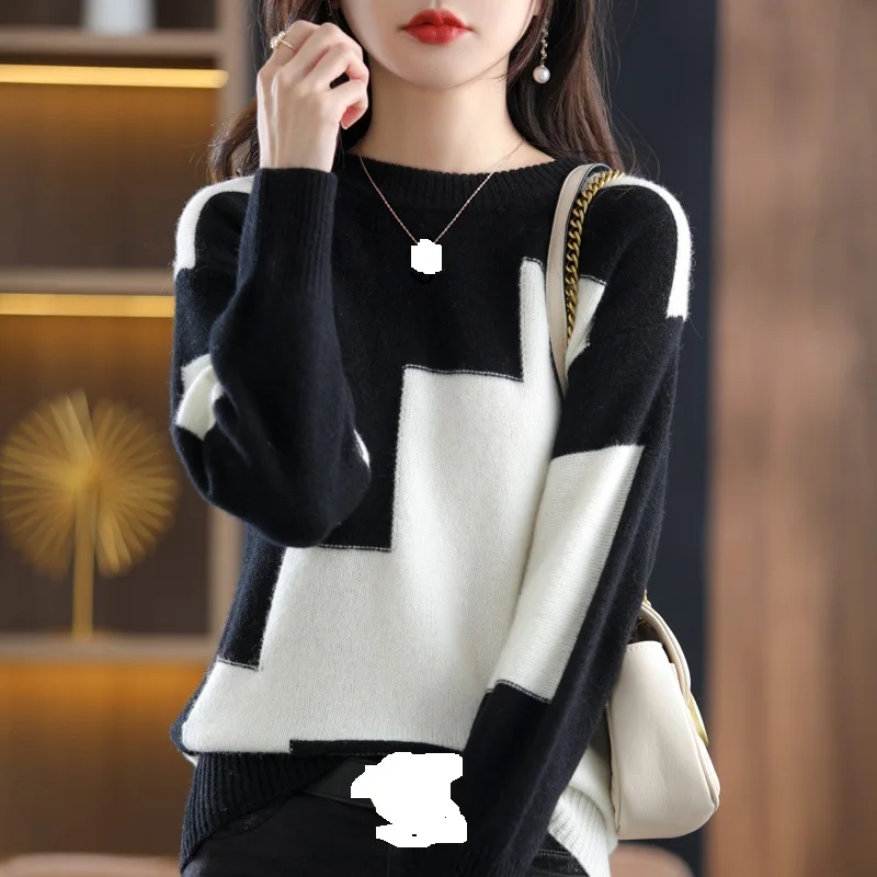 Custom Women Blocking Color Sweater Knit Contrast Jumpers Knitwear Tops Pullovers Crew Neck Spring Autumn Winter