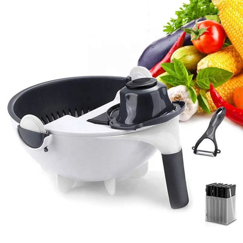 Latest H673 Kitchen Multi Functional Shredder Wet Fruits Drain Basket Blade Cutter Manual 9 in 1 Slicer Vegetables   Chopper