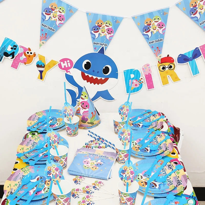 Kids Shark Birthday Party Supplies and Decorations Tableware Party Set Paper Plates Cups Napkins for Children Birthday Party