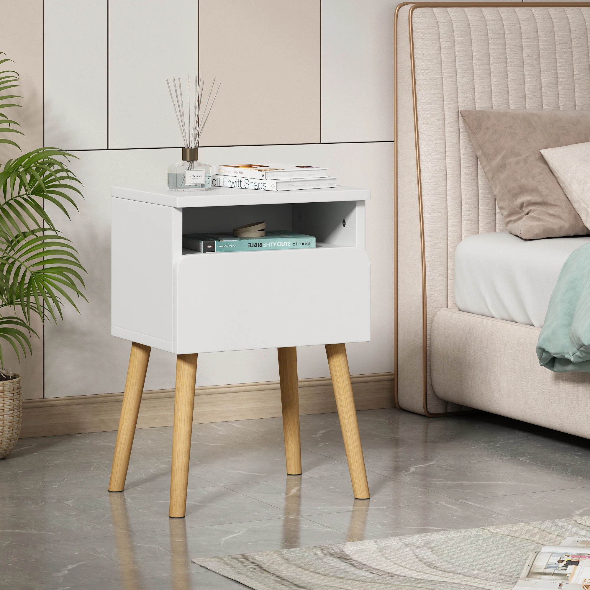 Oriental Style White Painting Paulownia Wood Modern Nightstand Bedside Table Cabinet Oak Open Storage Night Stand Narrow