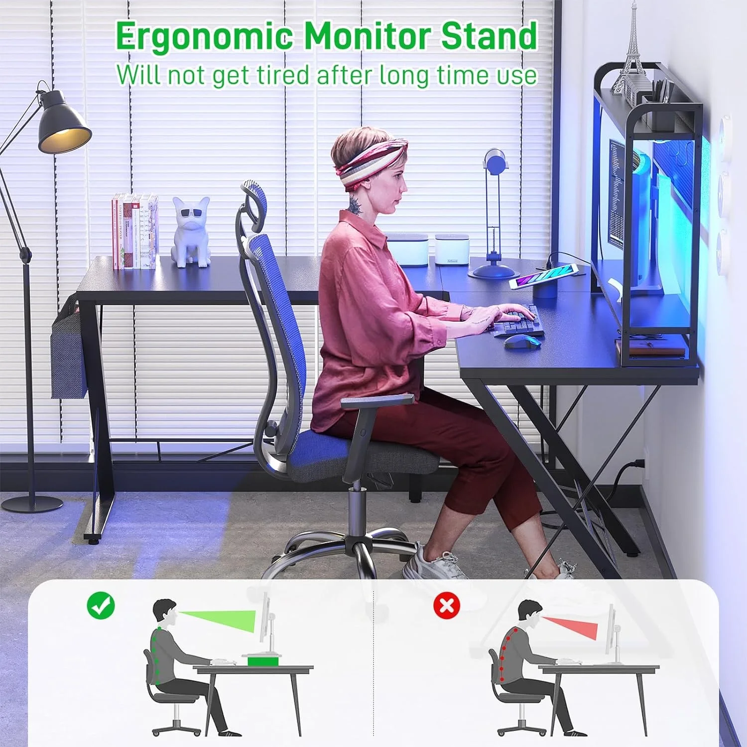 L Shaped Gaming Desk with LED Lights & Power Outlets pc gamer gaming table desk for home office L shape LED gaming desk