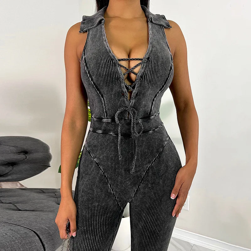 Boutique Clothing Pure Color Ribbed Simulation Denim Sleeveless Lapel Rompers V Neck Fit Jumpsuits For Women