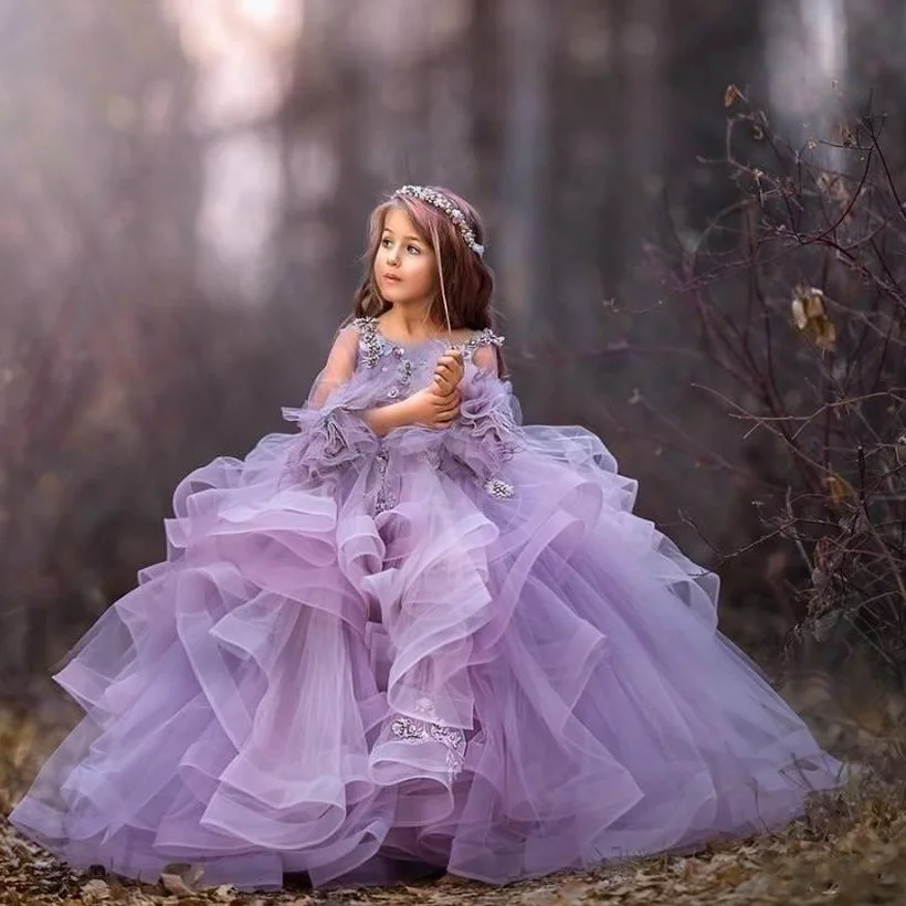 Wedding Apparel & Accessories 2022 Tulle Lavender Flower Girl Dresses Beads Little Girls Pageant Long Sleeve Princess Children