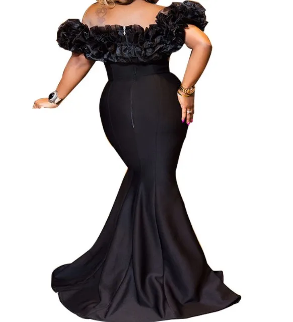 Women Elastic knitted lotus leaf breast off shoulder tight body con fish tail evening dress