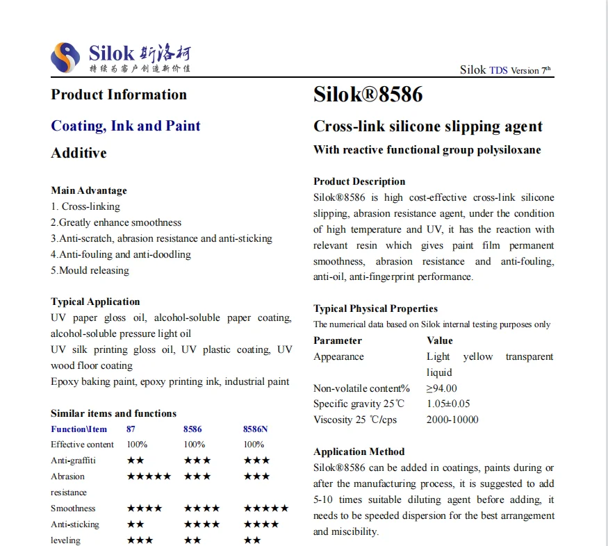 Silok 8586  Cross-link silicone slipping agent With reactive functional group polysiloxane Epoxy baking paint