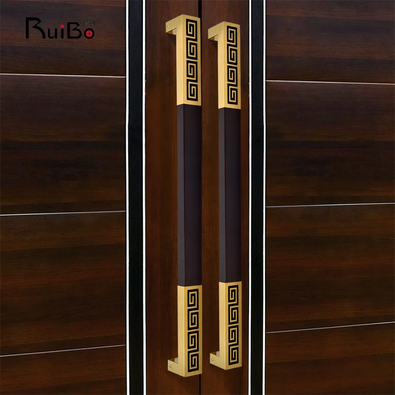 Hotel frameless glass sliding door log gold handrail glossy titanium back pattern stainless steel square door handle