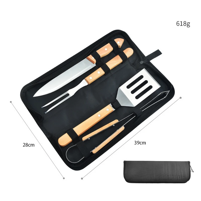 4 Piece Wooden BBQ Accessories Grilling Tools Set with Tongs Spatula Fork and Knife Utensils for Backyard Barbecue Camping