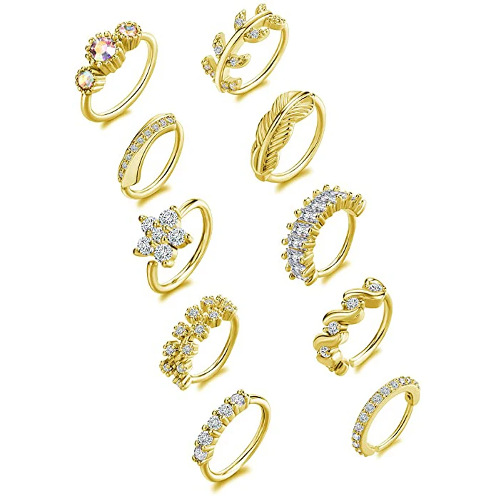 20G Hypoallergenic Gold Plated Nose Piercing Jewelry Paved Flower Leaf Feather Shiny CZ Cartilage Hoop Earrings Nose Rings