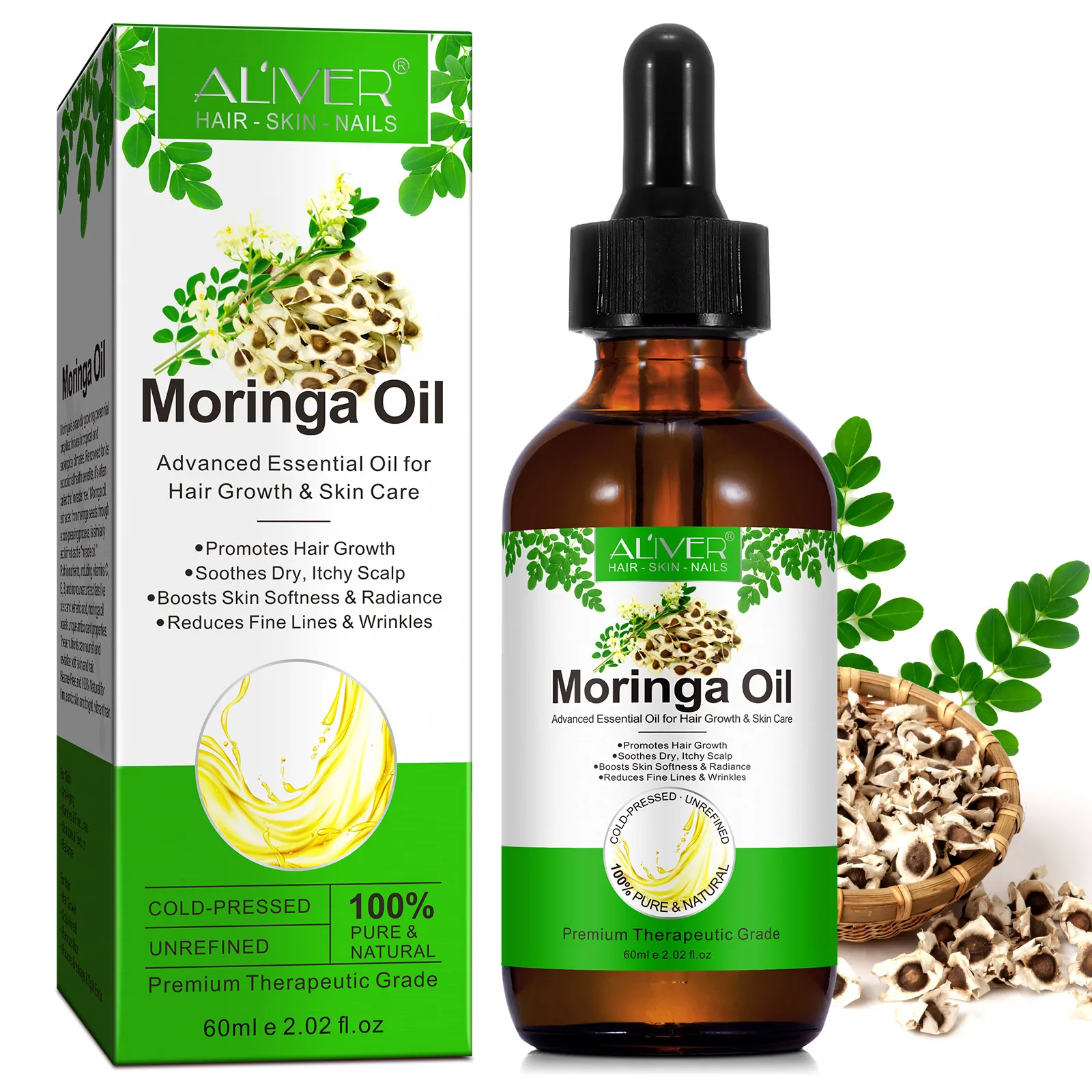 ALIVER Natural Moisturizer Anti-Aging Lightweight Face Hair Body  Oil Organic Cold-Pressed Moringa Oil