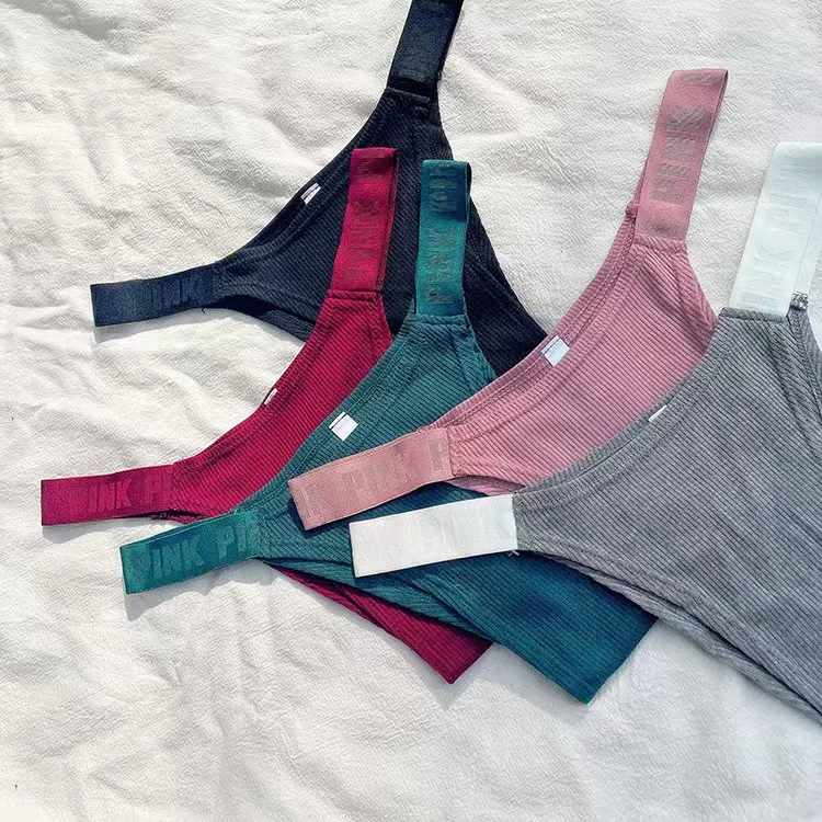 Letter custom logo ribbed briefs cotton solid high-cut low waist fashion underwear sports sexy women thong panties