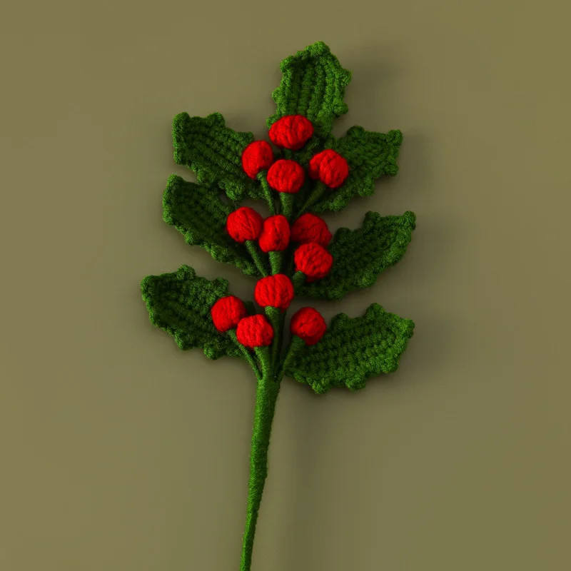 Christmas Cotton Red Bean Leaves Artificial Flowers Crochet Bouquet with Santa Claus and Pine Cones