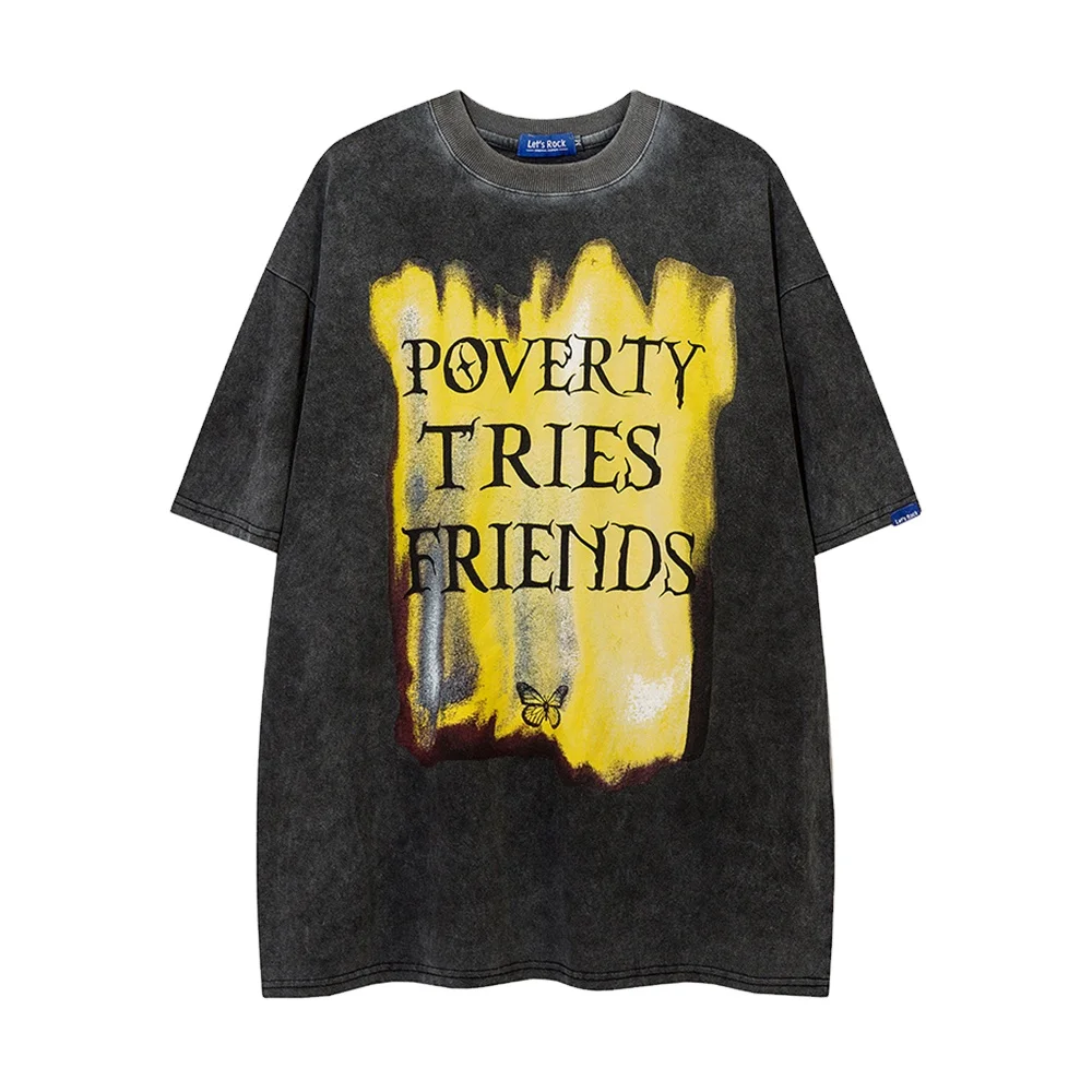 Vintage Black Printed Large Graphic Tees Acid Wash Tshirt Men Oversize Crewneck t Shirts