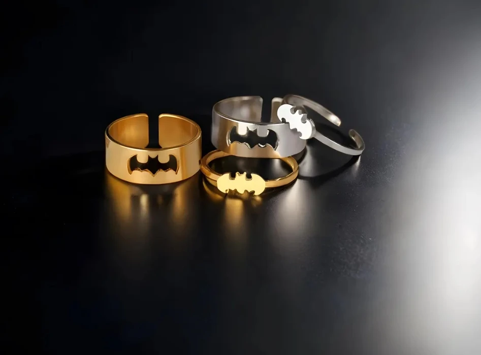 Vampire Bat Gold Plated Bat Ring  Goth Jewelry  Two Pcs Silver Plated Adjustable Ring Superhero Couple Rings