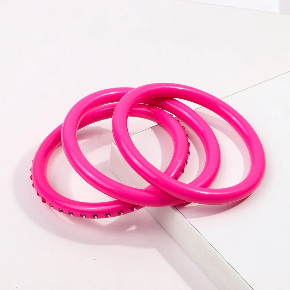 Wholesale High Quality Fashion Jewelry Vintage Resin Bangles Pink Rhinestone Smooth 3 piece/set Acrylic Bracelet Set for Women