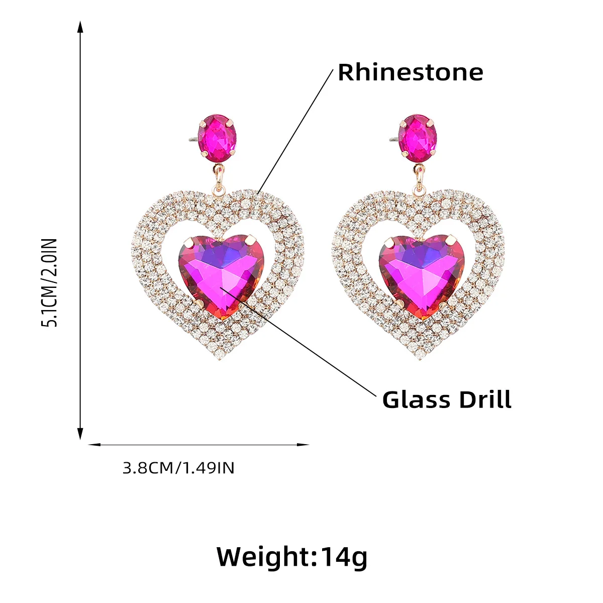 CJ 5 Colors Delicate 18K Gold Plated Double Layer Bling Colorful Crystal Rhinestone Heart Stud Earrings
