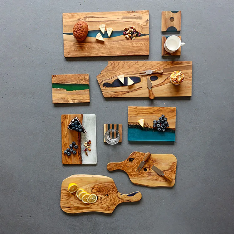 New Design Art Decor Olive Wood and Epoxy Resin Cutting Serving Board for Cheese Coffee Vegetables Fruits