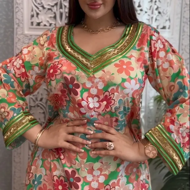 Wholesale Clothing Long Sleeve Beach Bohemian Elegant Floral Printing Jalabiya Evening Dresses