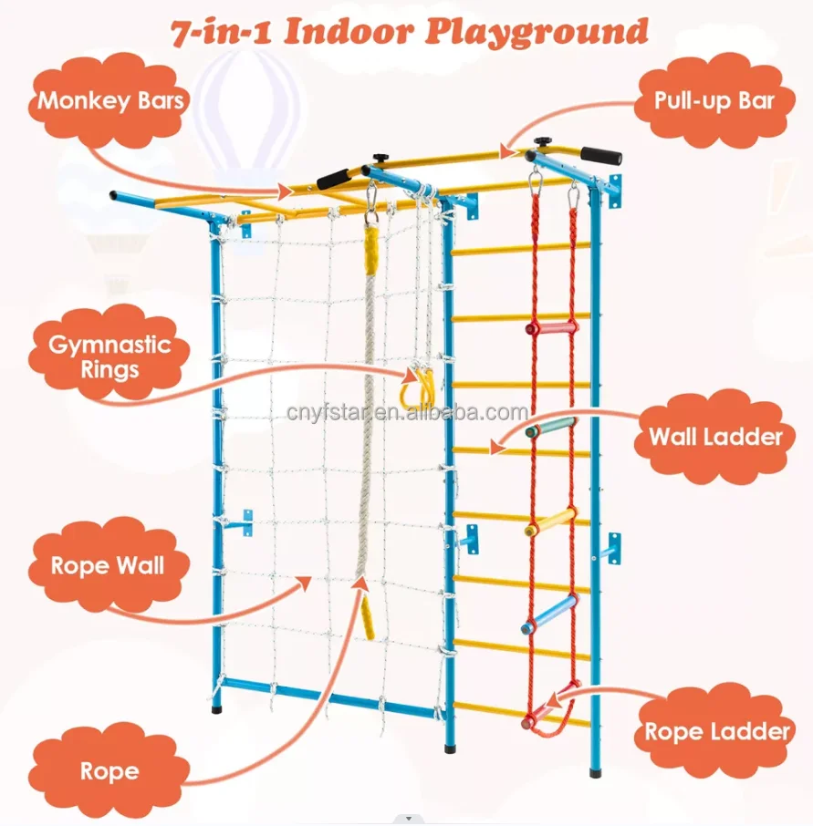 Factory Price Wall Mounted Kids Jungle Gym Indoor Playground Climbing Set with Swedish Ladder and Rope Wall