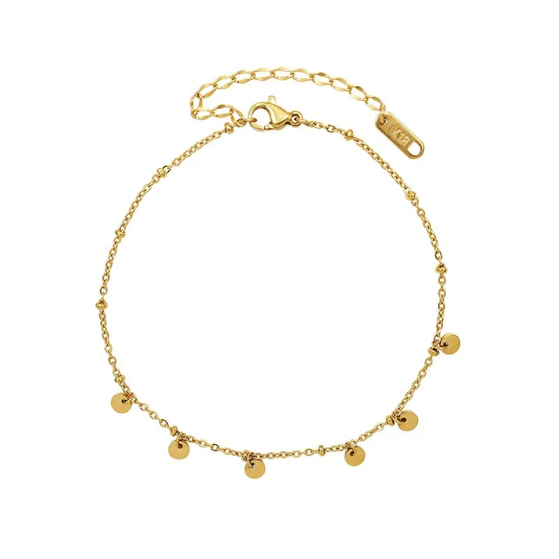 18k Gold Plated Stainless Steel Round Charm Anklets For Women Tarnish Free Foot Beach Jewelry