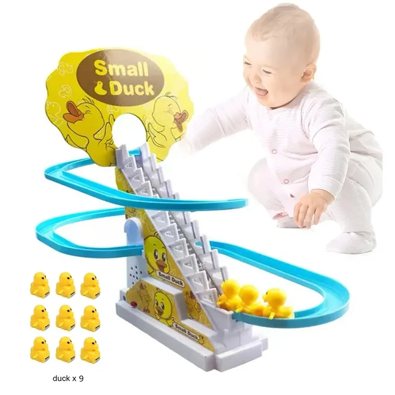 Educational toy Sliding Railway Track 9 Small Yellow Plastic Electric Ducks Climbing Stair Slot Slide Toy Set