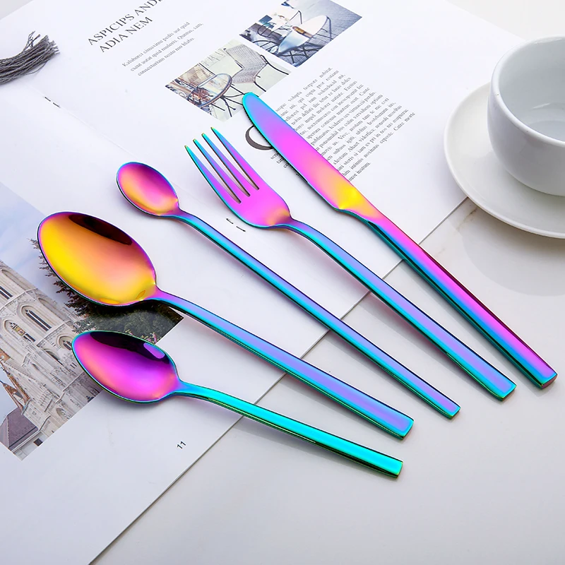 Wholesale Colorful Iridescent Spoon Fork Knife Set Stainless Steel Eco-friendly Cutlery With Ice scoop spoon
