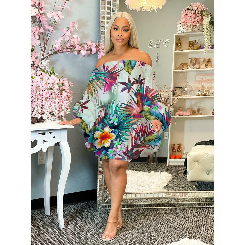 Fashion One Word shoulder Print Pattern Summer Dress Women Lantern Sleeve Loose Beach Dress Casual Elegant Dress