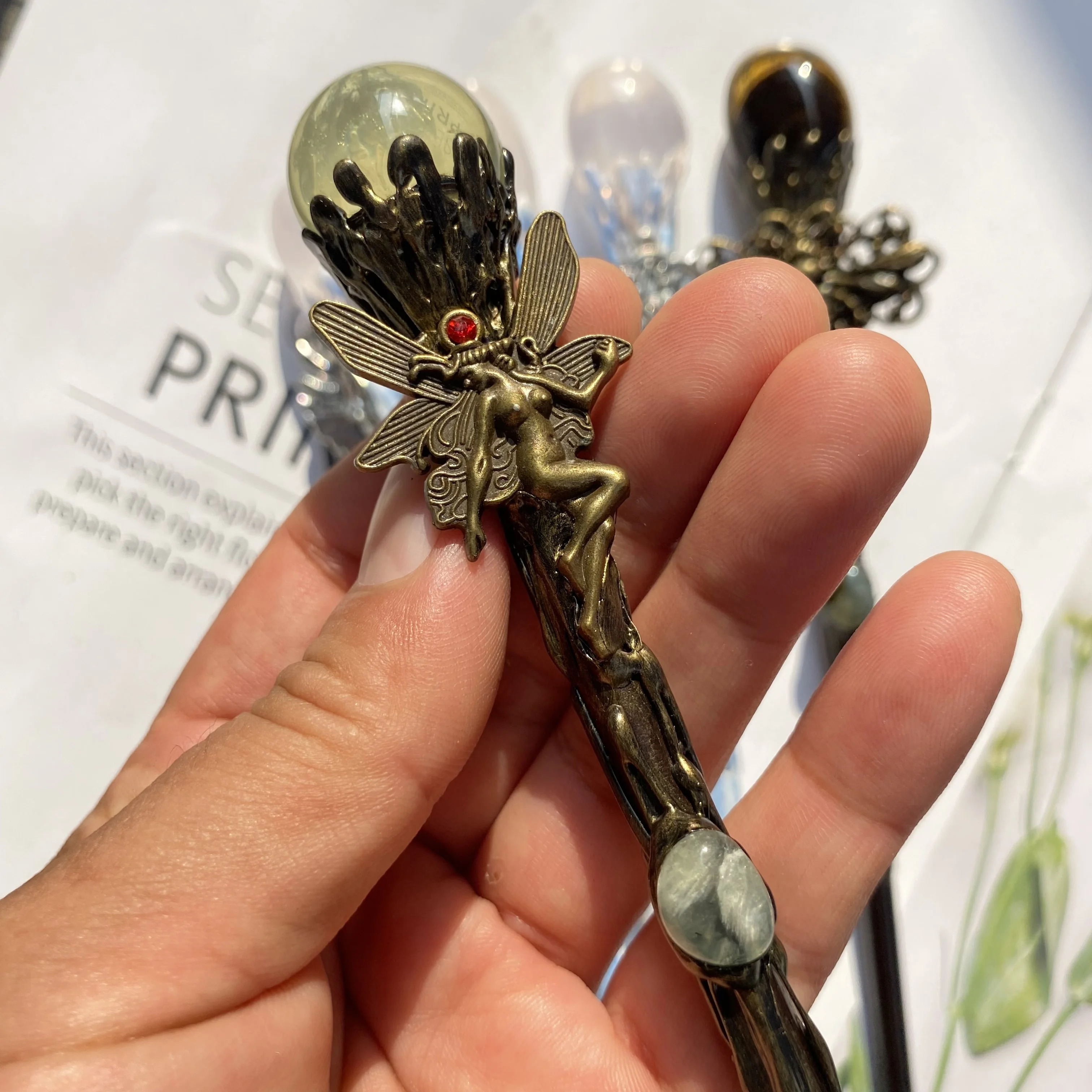 Gem Fairy Stick Crafts Alloy Angel Dragon Accessories Rose Quartz Amethyst Healing Crystal Magic Wand Ornament For Gifts