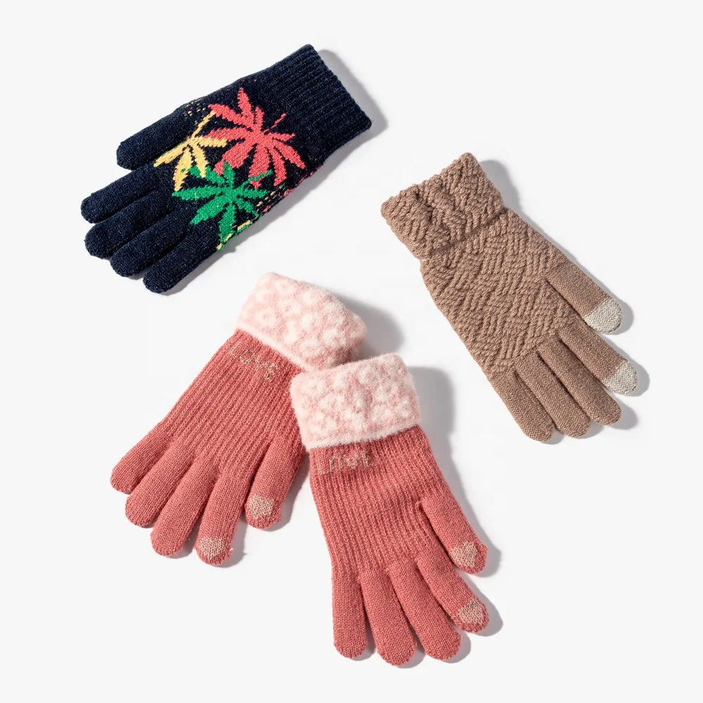 Женские теплые эластичные вязаные варежки на заказ, перчатки для сенсорного экрана, акриловые зимние волшебные перчатки для сенсорного экрана