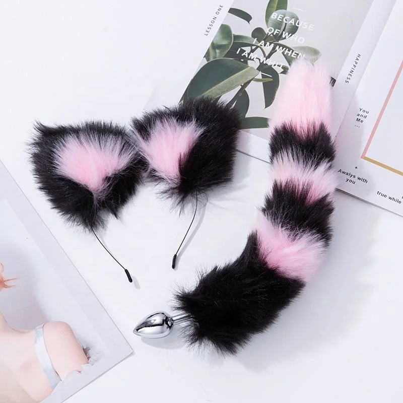 Girlspower Faux Fur Fox Tail Anal Plug with Bunny Ears Set Metal Butt Tail Adult Sex Toy for Women