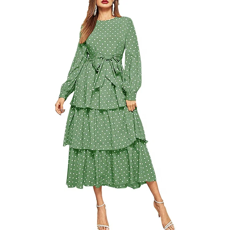Lantern Sleeve Belt Layered Ruffle Hem Vintage Hippie Polka Dot Dresses Women Elegant
