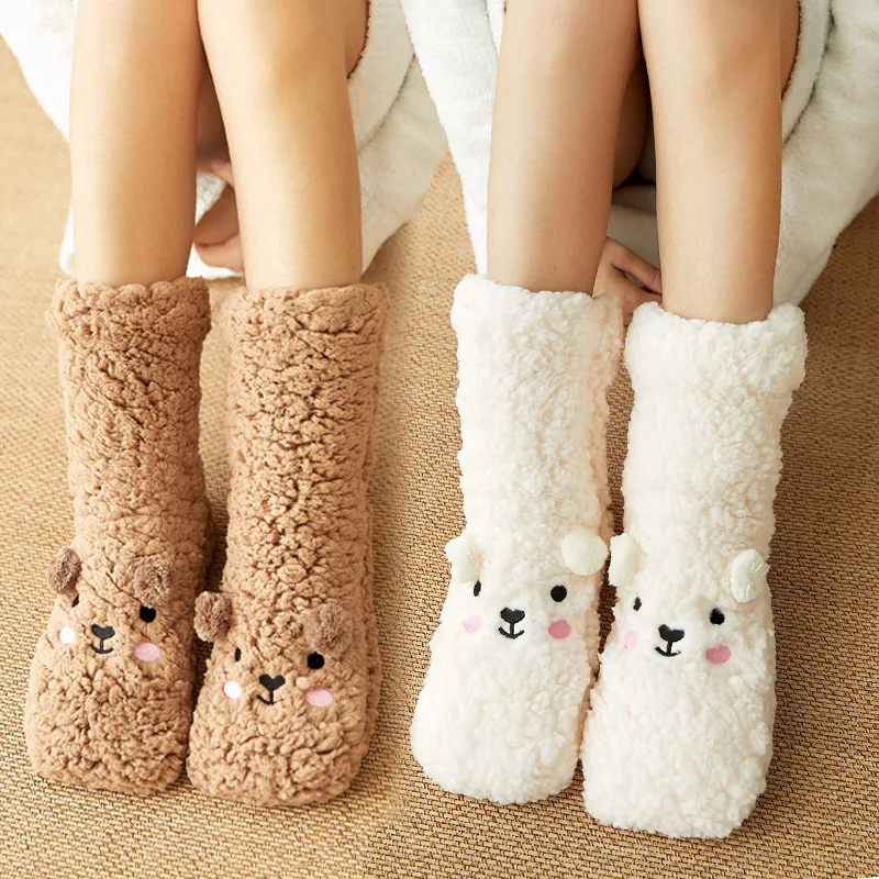 Women Cozy Fluffy Winter Christmas Fuzzy Gripper Socks Non Skid Microfiber Funny Cute Bear Sleeping Plush Socks