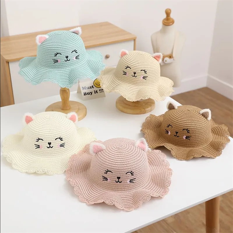 Fashion Cute Outdoor Foldable Wide Brim Grass Hats Kids Summer Beach Straw Sun Hat Wholesale All Bucket Hat and Purse Sets