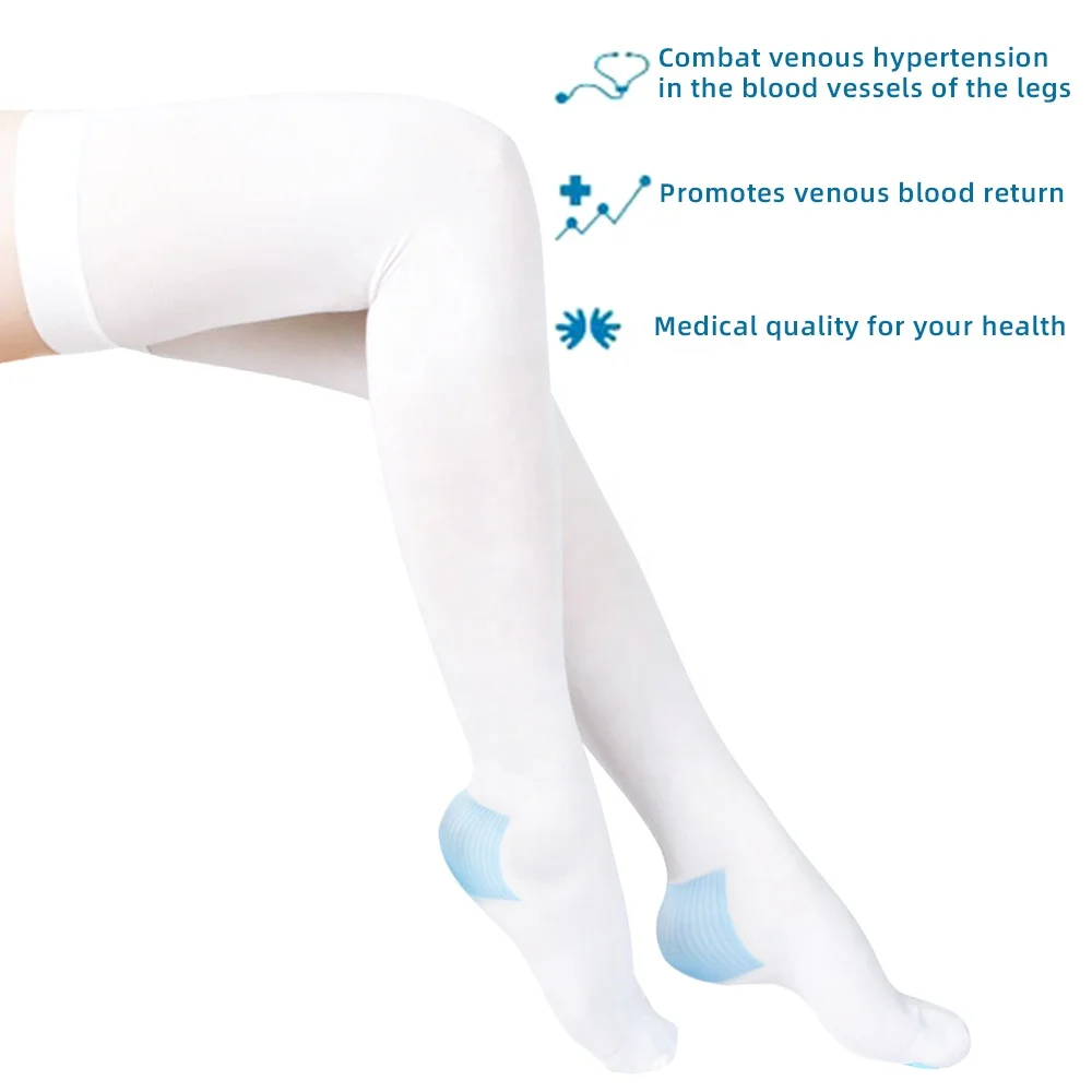 Wholesale 13-18mmHg Compression Anti-embolism Stocking Elastic Nylon Thigh High Socks White Color