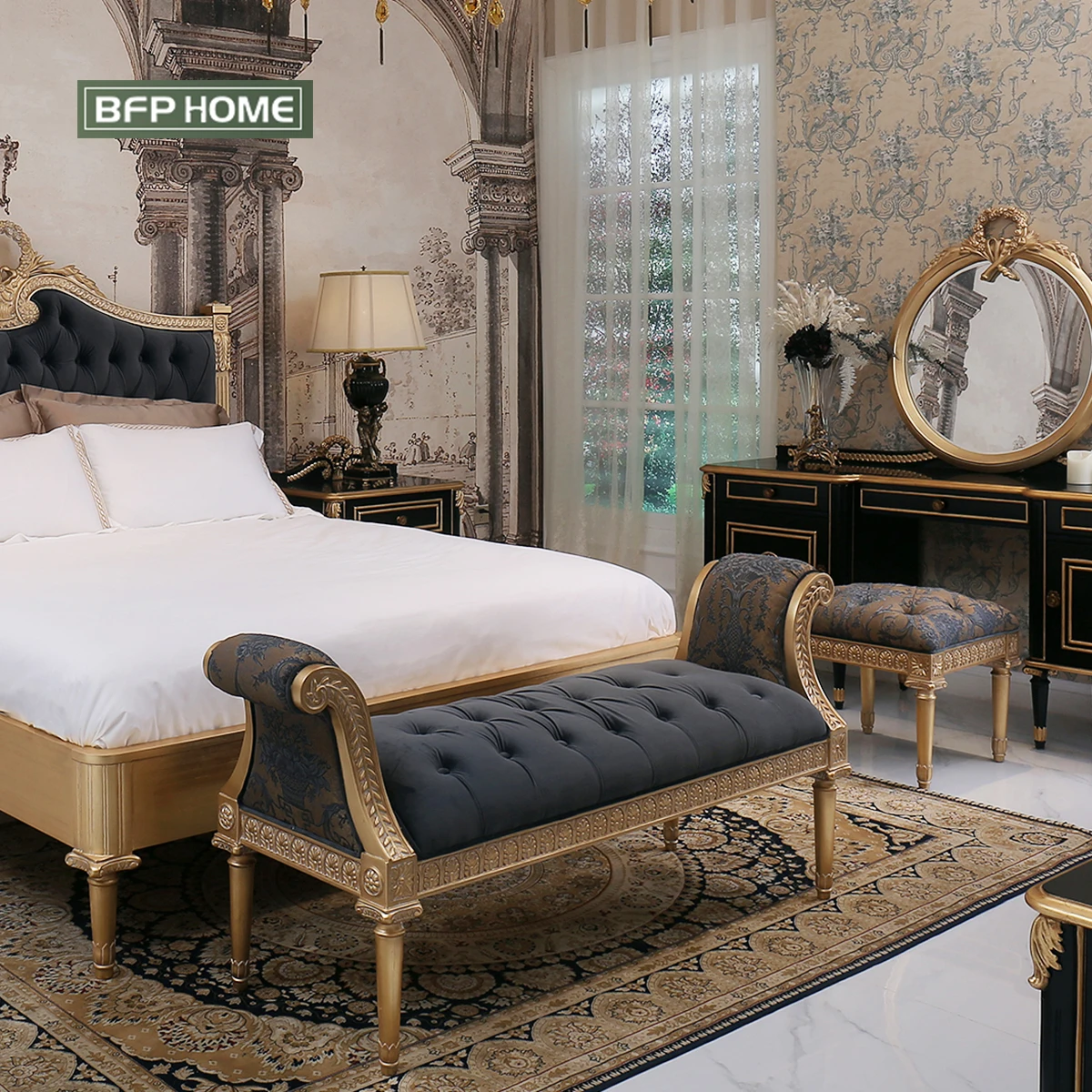 BFP Home Imported Hard Wood High End Series Luxurious Classic Style Carved Romance French Style Bedroom Furniture Bed End Stool