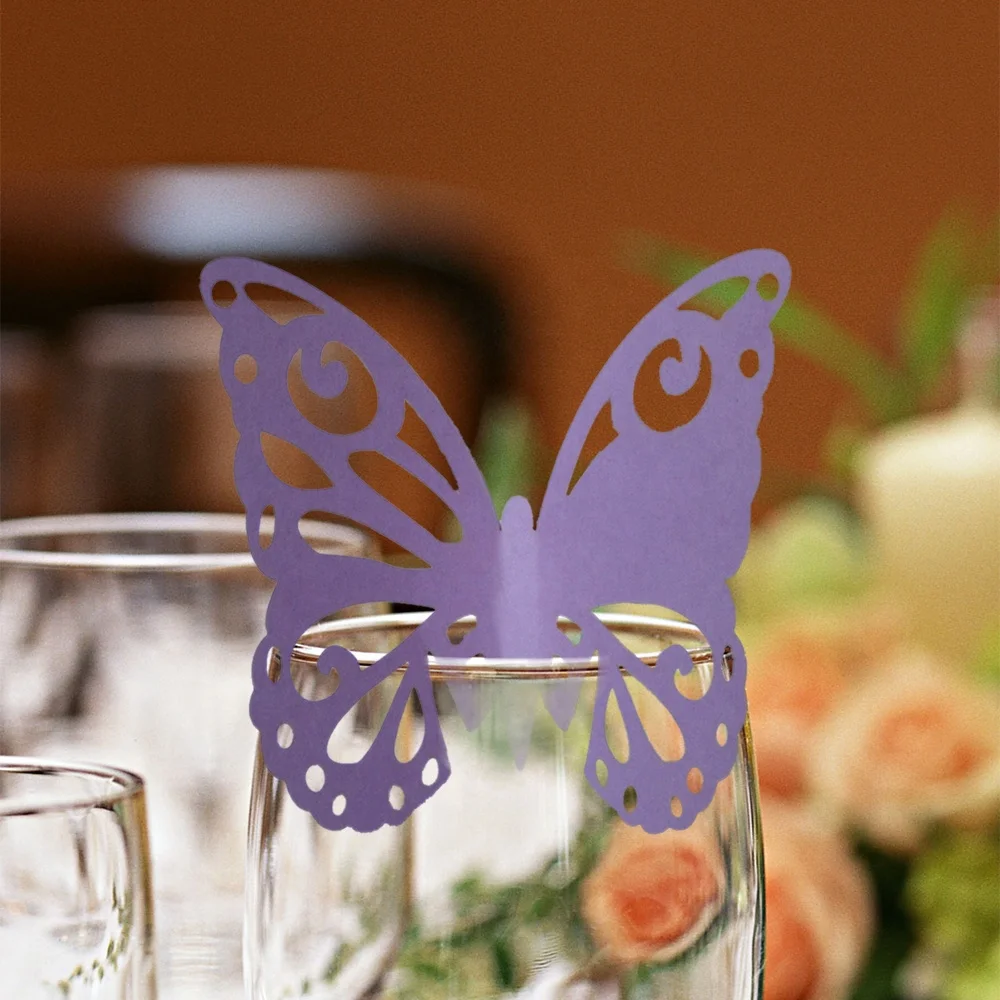 Butterfly Wine Glass Cards Name Place Cards Laser Cut Wine Cup Decoration Postcards Wedding Centerpieces Table Decoration (Pink)
