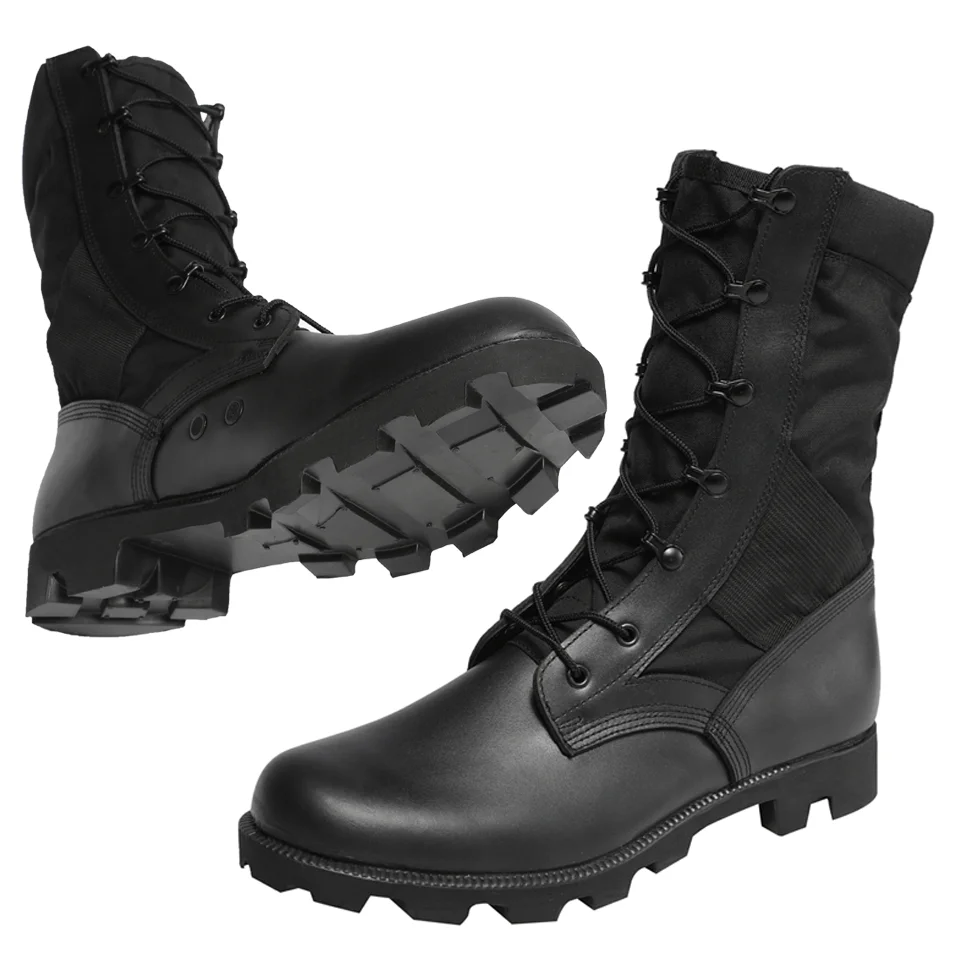 manufacturer black color fabric cement combat flat outsole leather tactical boot