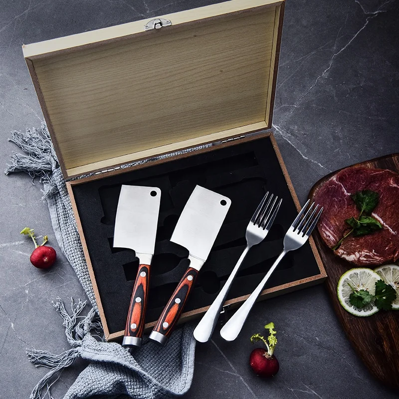 Hot selling pakkawood steak knives, Best sale kitchen mini cleaver knife and fork set, Stainless steel steak fork knife set