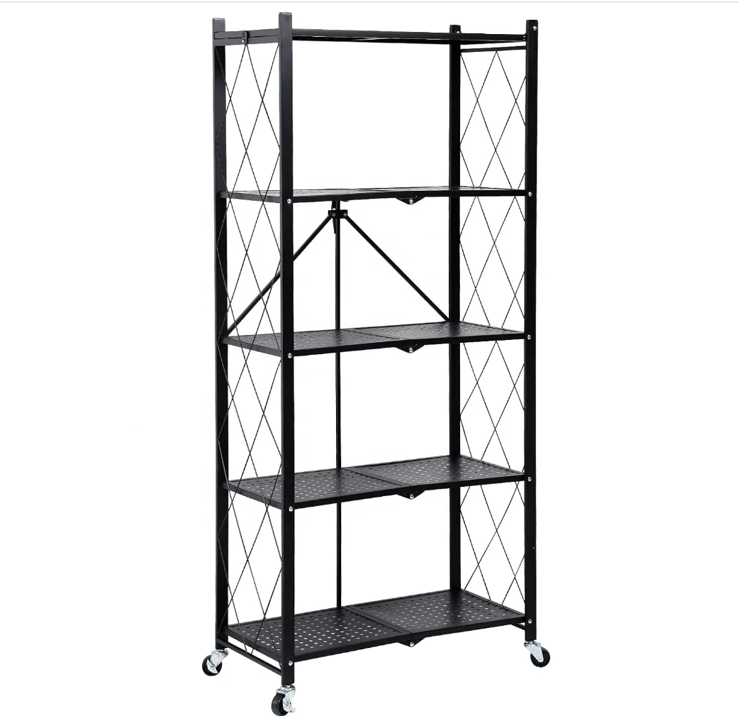 Multi-Layer Heavy Duty Shelf Adjustable Folding Home Rack Shelf Iron Folding Rack With 4 Rolling Casters For Living Room