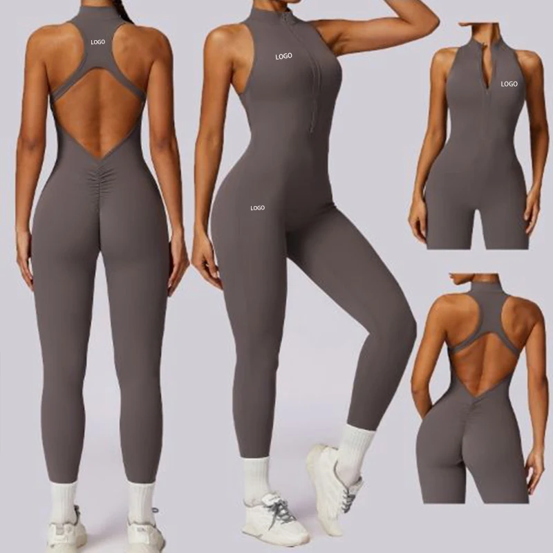 OEM ODM Women Running Sports Suits Bodysuit With Zipper Yoga Sleeveless Gym Fitness Sets One Piece Yogs Romper Jumpsuits Women