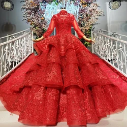 HTL886 Jancember real luxurious high neck long sleeves pleat red high quality luxury dress