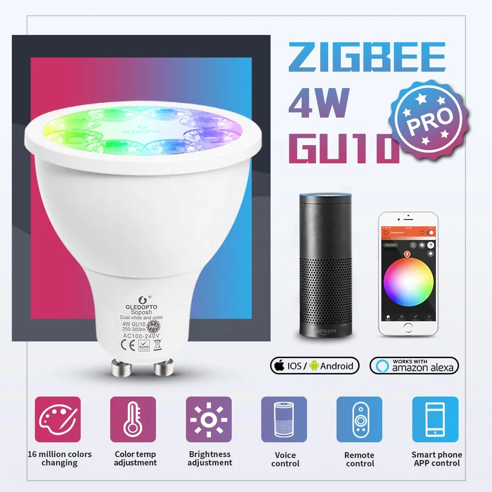 Gledopto Connected Home ZigBee Spot GU10 Dimmable ZigBee3.0 Operated LED Bulb RGBW App Smart Control Lighting