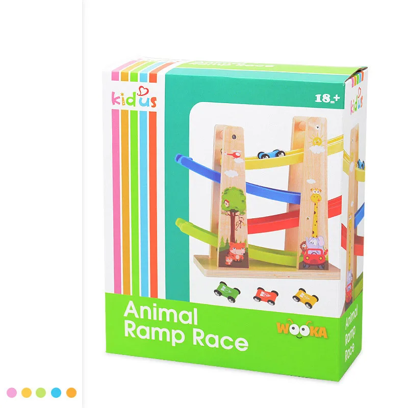 Wooden Train 4-Layer Race Track & 4 Mini Inertia Race Car Sliding Toy Rainbow Baby Toddler Motor