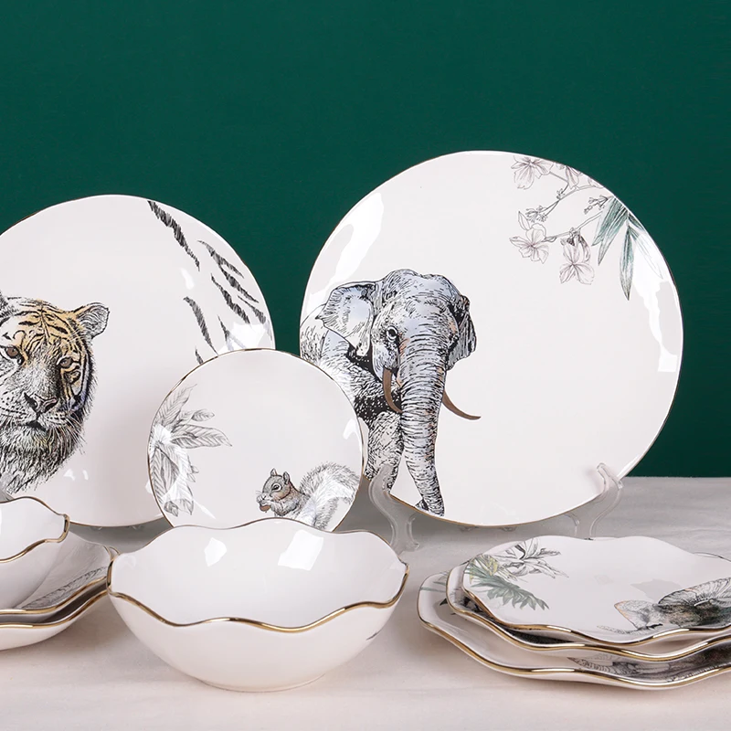 wholesale high quality decal animal pattern tableware rippled edge noddle soup ceramic bowl with gold rim